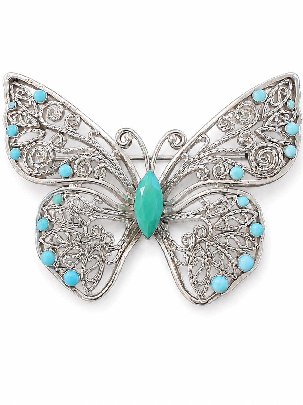 Vintage Monet Butterfly Brooch Silver Tone Filigree Blue Cabochon Accent